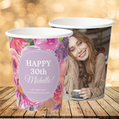 Purple Pink Wildflowers 30th Birthday Photo Paper Cups