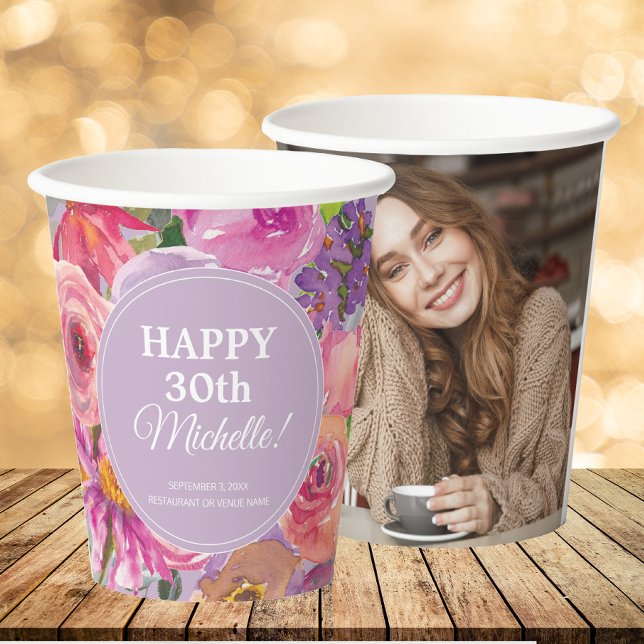 Purple Pink Wildflowers 30th Birthday Photo Paper Cups (pink and purple watercolor wildflower birthday party photo cup)