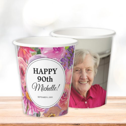 Purple Pink Wildflowers 90th Birthday Photo Paper Cups