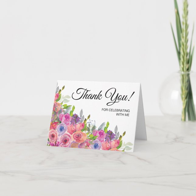 Purple Pink Wildflowers 90th Birthday Thank You Card (Front)