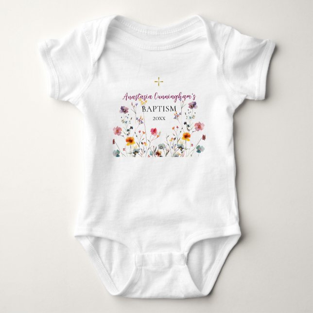 Purple Pink Wildflowers Orthodox Christian Baptism Baby Bodysuit (Front)