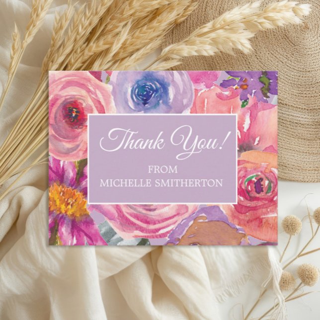 Purple Pink Wildflowers Thank You Postcard (Elegant purple and pink watercolor wildflowers birthday party thank you postcard)