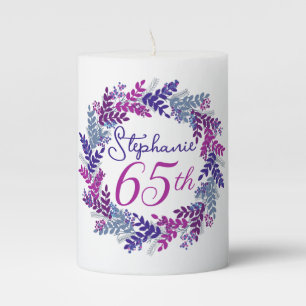Purple Pink Wreath 65th Birthday Pillar Candle