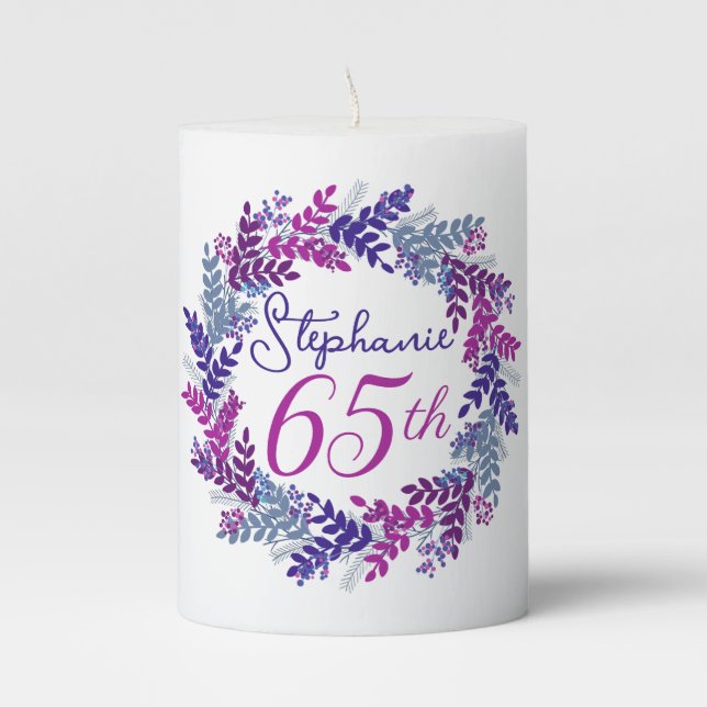 Purple Pink Wreath 65th Birthday Pillar Candle (Front)