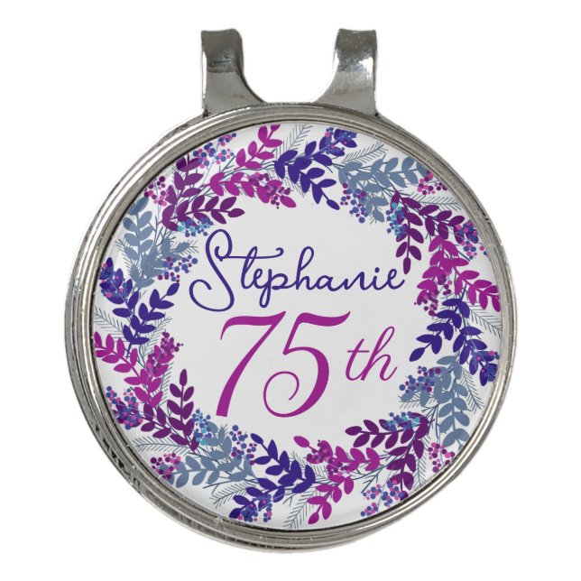 Purple Pink Wreath 75th Birthday Golf Ball Marker Golf Hat Clip (Front)