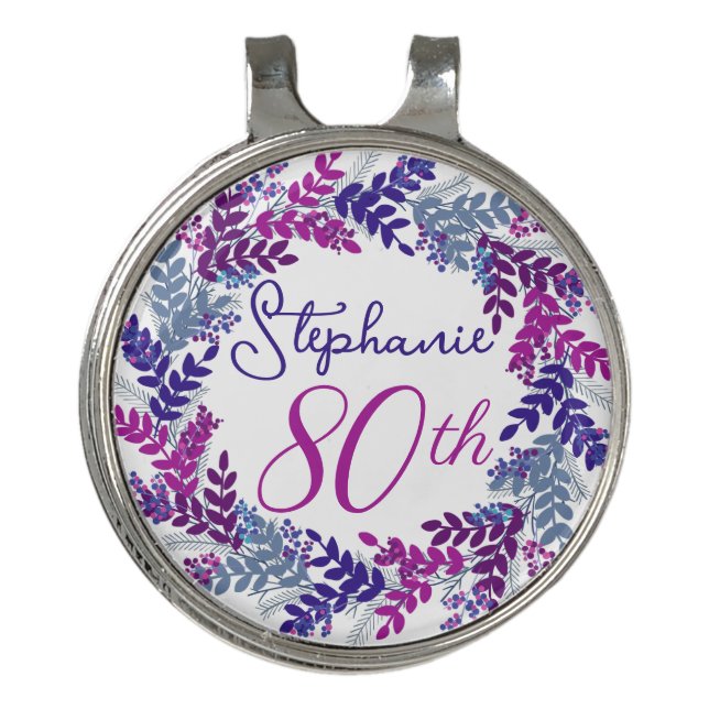 Purple Pink Wreath 80th Birthday Golf Ball Marker Golf Hat Clip (Front)