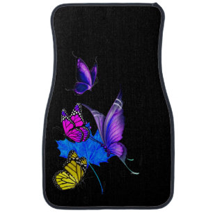 Purple, Pink, Yellow Butterflies on Black on Car Floor Mat