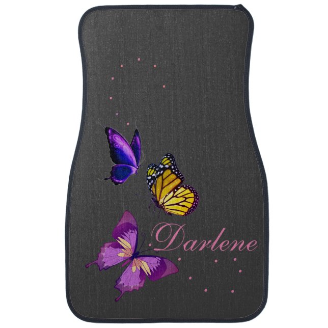 Purple/Pink/Yellow Butterflies on Grey, w/Name Car Floor Mat (Front)