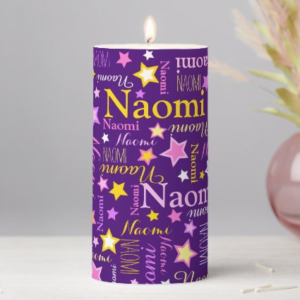 Purple pink yellow custom name Naomi stars Pillar Candle
