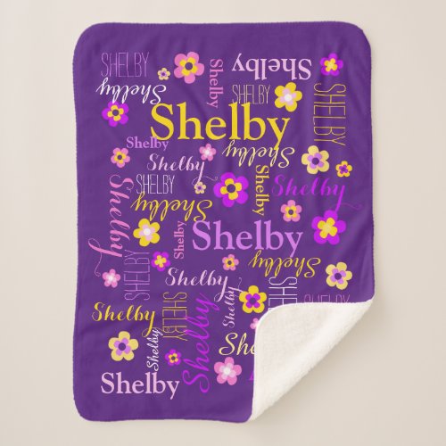 Purple pink yellow flowers girl Shelby custom name Sherpa Blanket