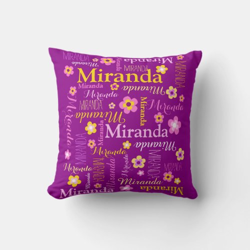 Purple pink yellow girls Miranda custom name Throw Pillow