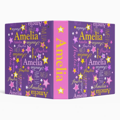 Purple pink yellow girls name Amelia stars pattern 3 Ring Binder