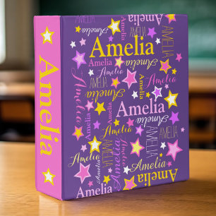 Purple pink yellow girls name Amelia stars pattern 3 Ring Binder