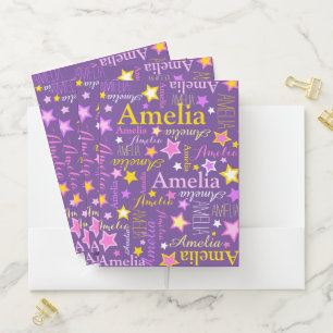 Purple pink yellow girls name Amelia stars pattern Pocket Folder