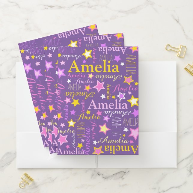 Purple pink yellow girls name Amelia stars pattern Pocket Folder (In Situ)
