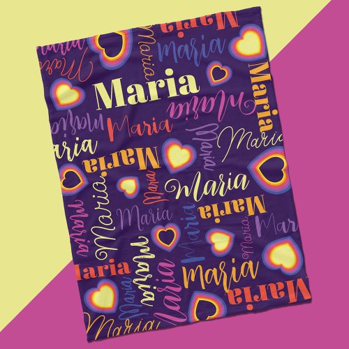 Purple pink yellow girls name Maria hearts Fleece Blanket