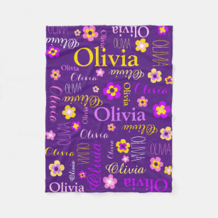 Purple pink yellow girls name Olivia flower Fleece Blanket