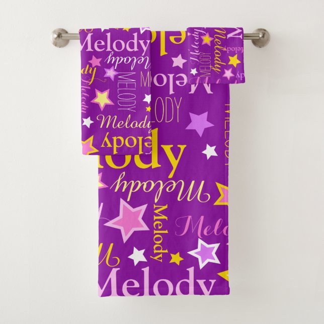 Purple pink yellow girls name stars pattern bath towel set (Insitu)
