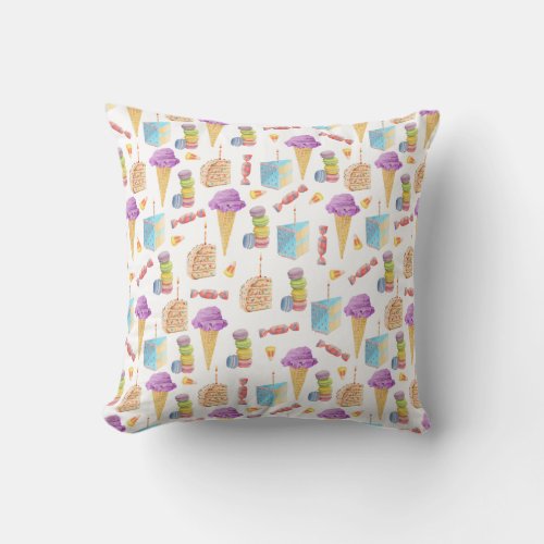 Purple Pink Yellow Green Ice Cream and Cakes Throw Pillow