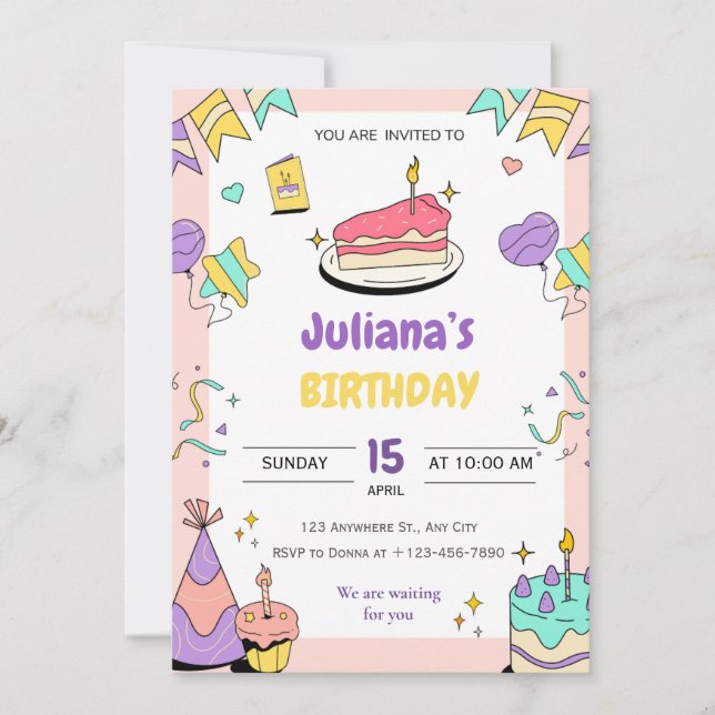 Purple pink Yellow Illustrated Birthday cartoon Invitation (Front)