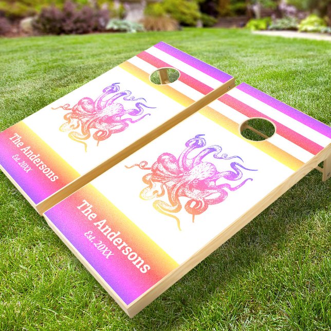 Purple pink yellow octopus beach house coastal cornhole set (Creator Uploaded)