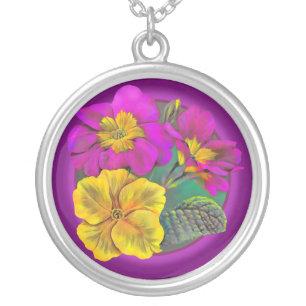 Purple pink yellow spring primrose art necklace