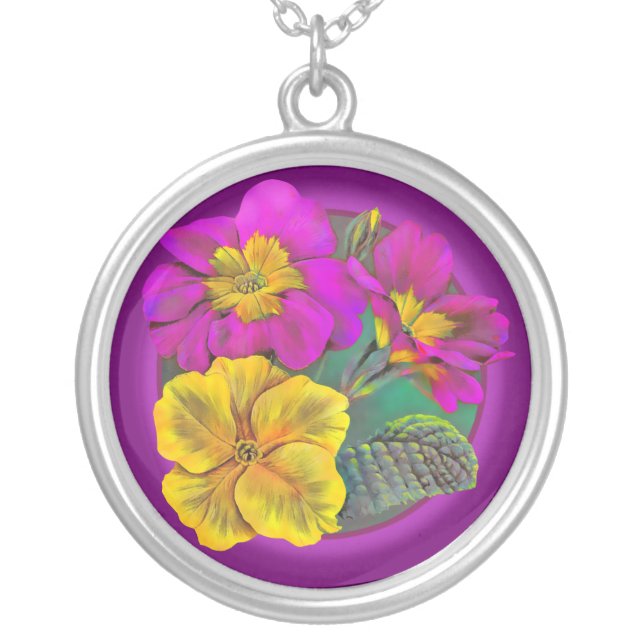 Purple pink yellow spring primrose art necklace (Front)