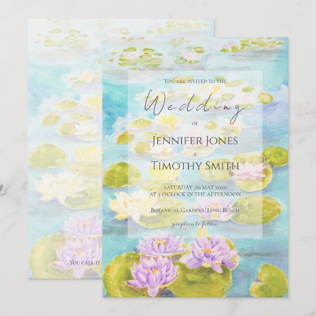 purple pink yellow waterlily pond watercolour  invitation (Front/Back)