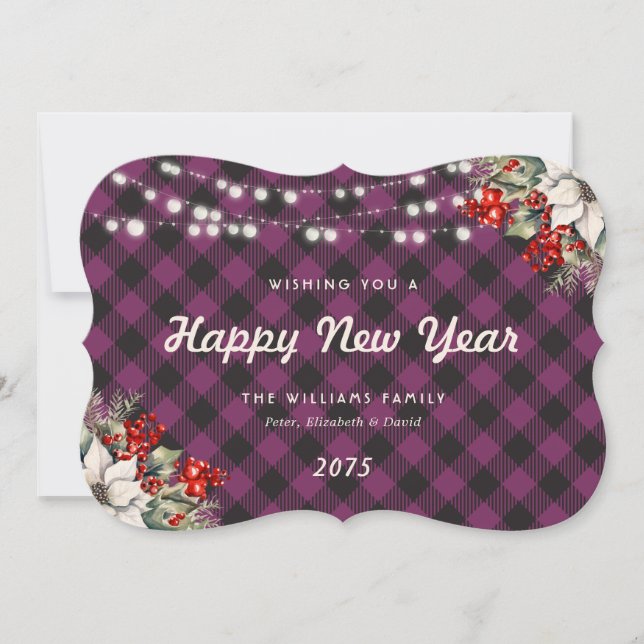 Purple Plaid Botanical String Lights New Year Card (Front)