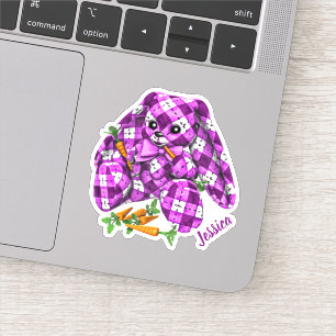 Purple Plaid Bunny n Carrots Name Sticker
