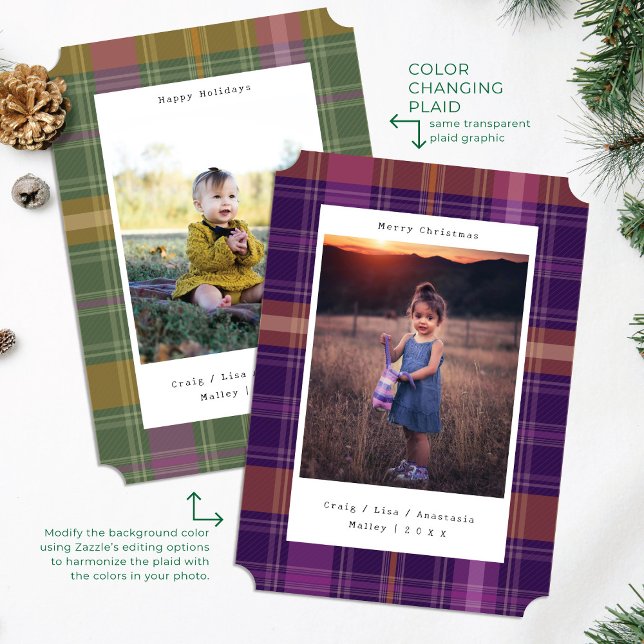 Purple Plaid Color Changing Photo Christmas Card (Creator Uploaded)