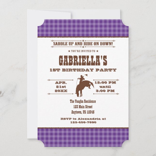 Purple Plaid Cowboy Rodeo Birthday Invitation (Front)