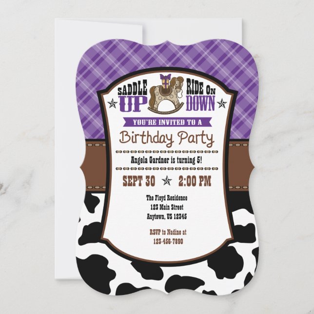 Purple Plaid Cowhide Cowboy Birthday Invite (Front)