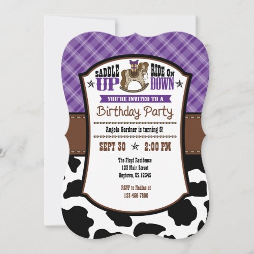 Purple Plaid Cowhide Cowboy Birthday Invite