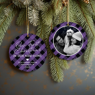 Purple Plaid First Christmas Home Photo Ceramic Ornament