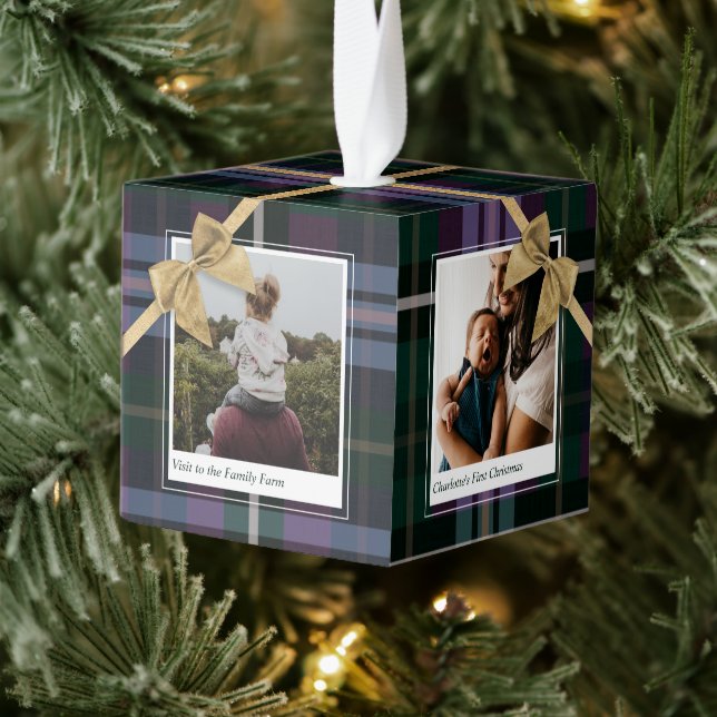 Purple Plaid Gift Wrapped & Bow Present Photos Cube Ornament (Tree)
