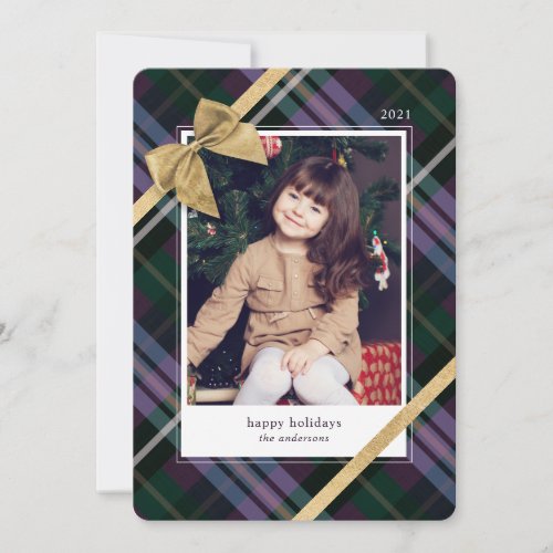 Purple Plaid Gift Wrapped  Gold Bow Present Photo Holiday Card
