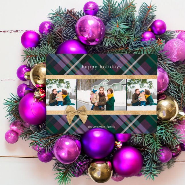 Purple Plaid Gift Wrapped & Gold Bow Present Photo Holiday Card (Purple Plaid Gift Wrapped & Gold Bow Present Photo Holiday Card)
