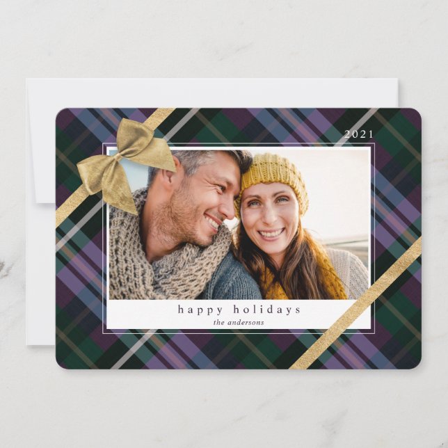 Purple Plaid Gift Wrapped & Gold Bow Present Photo Holiday Card (Front)