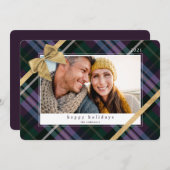 Purple Plaid Gift Wrapped & Gold Bow Present Photo Holiday Card (Front/Back)