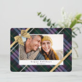 Purple Plaid Gift Wrapped & Gold Bow Present Photo Holiday Card (Standing Front)