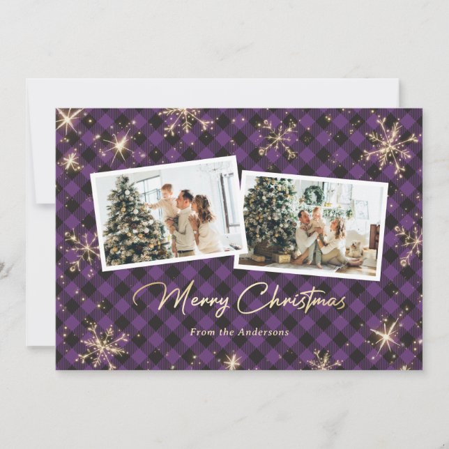 Purple Plaid Gold Snowflakes Photo Christmas Holiday Card (Front)