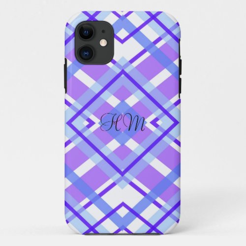 Purple Plaid Monogram Custom Initials iPhone 11 Case