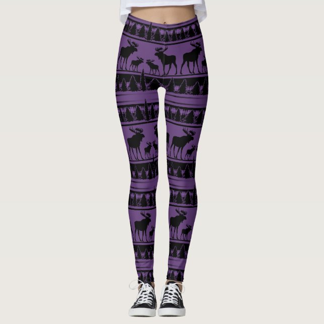 Purple plaid moose rustic pattern leggings (Front)