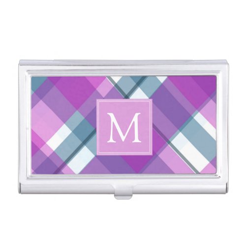 Purple Plaid Pattern Monogram Business Card Case