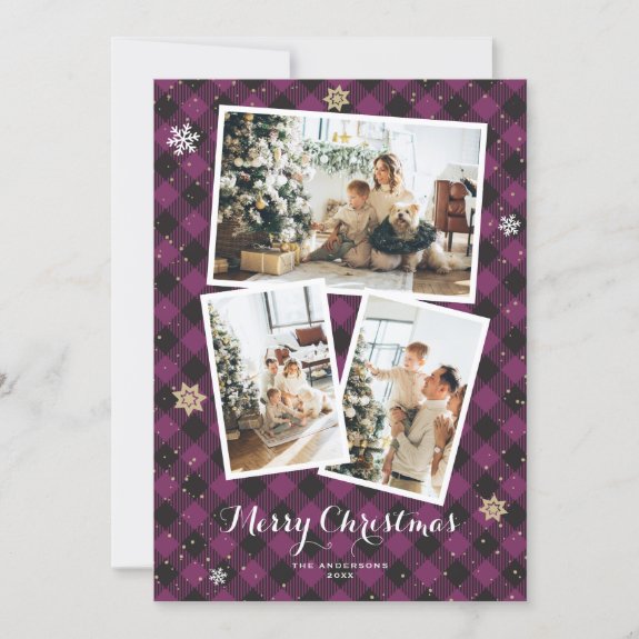 Purple Plaid Photo Collage Merry Christmas Card