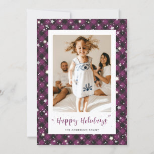 Purple Plaid Photo Happy Holidays Card