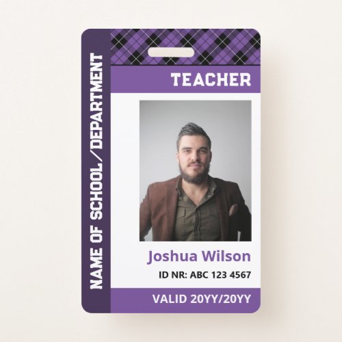 Purple Plaid Photo ID School Teacher Badge