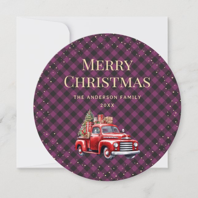 Purple Plaid Red Truck Merry Christmas Card (Front)