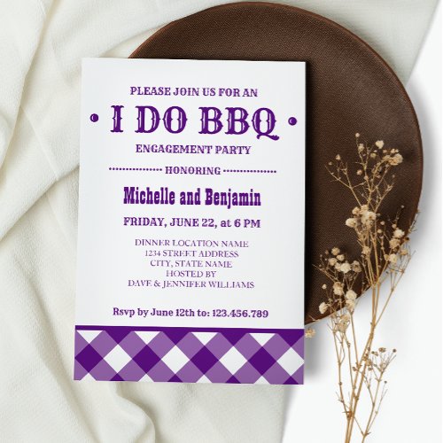 Purple Plaid  Rustic I DO BBQ Engagement Party Invitation